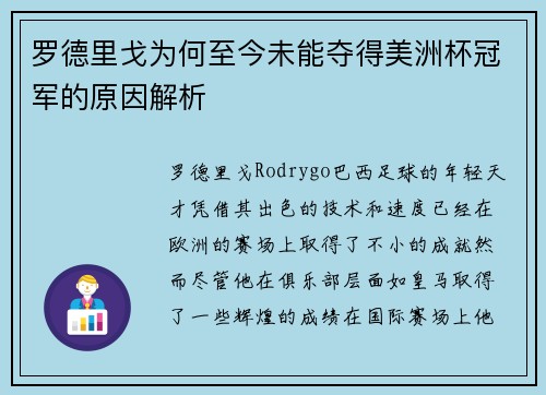 罗德里戈为何至今未能夺得美洲杯冠军的原因解析