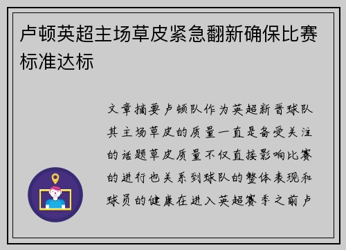 卢顿英超主场草皮紧急翻新确保比赛标准达标